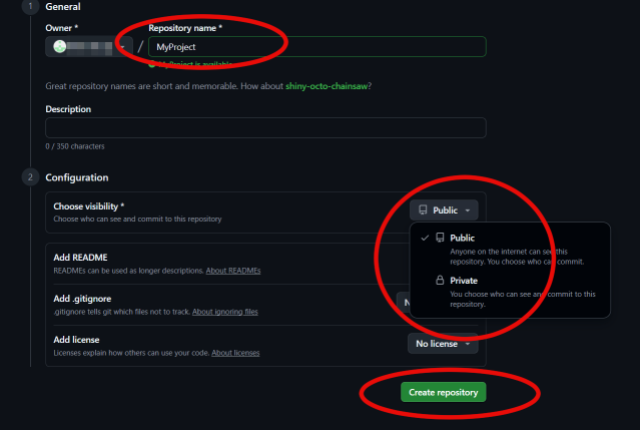 GitHubリポジトリ作成画面